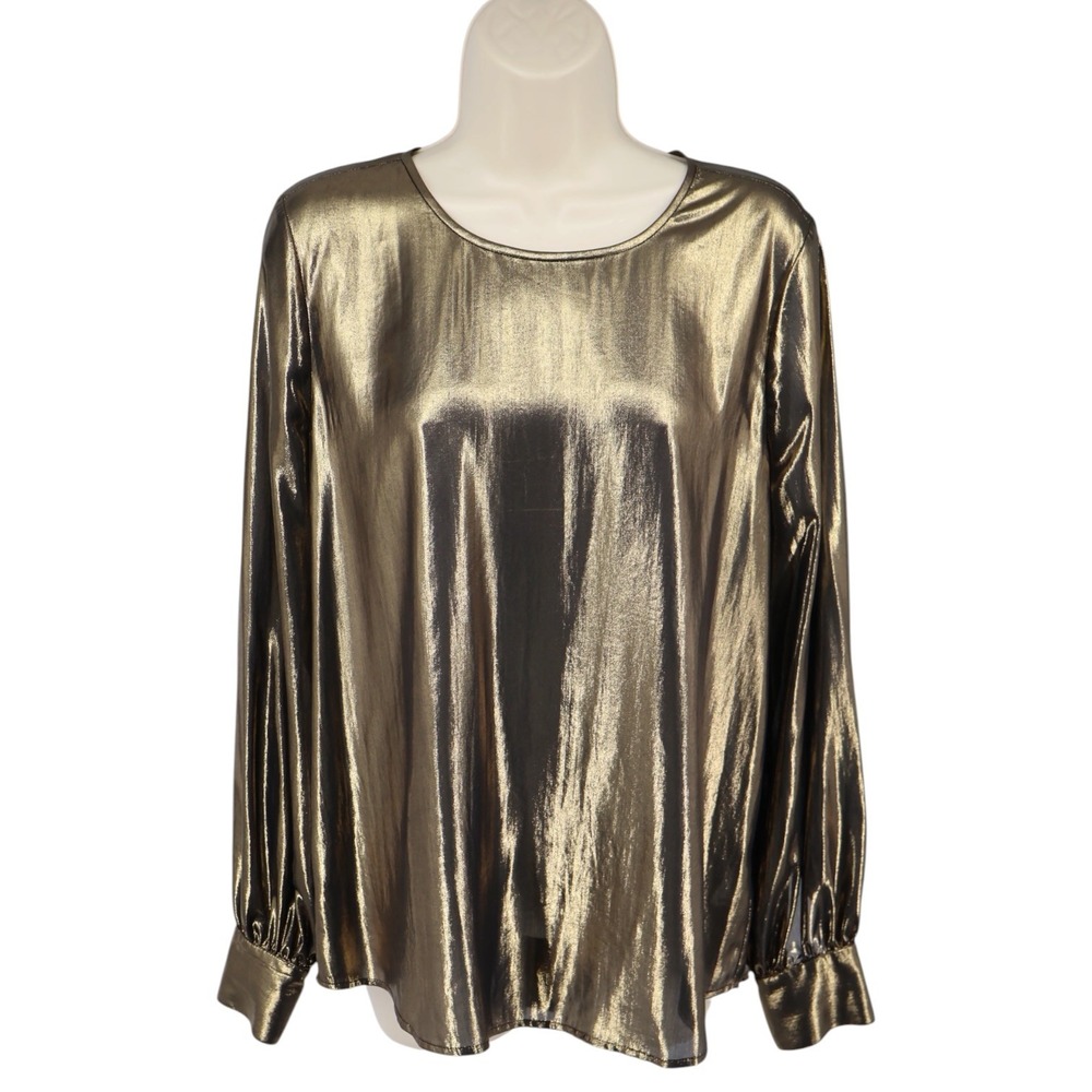 L'Agence Catia Metallic Button Back Blouse Womens M Liquid Gold Holiday‎ Party